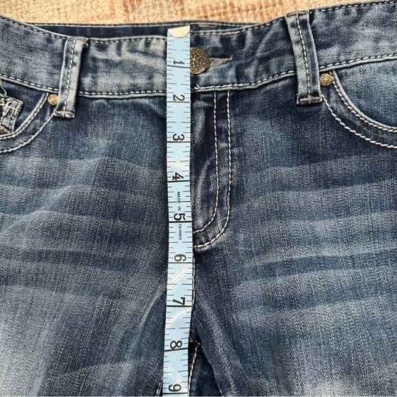 Like New Cache Gold Tone Embellished Flare Denim Jeans | 8 - Picture 7 of 10